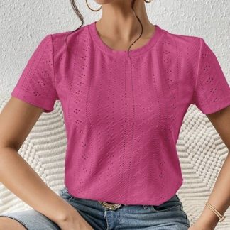 Women's Solid Color Mesh Embroidery Versatile Casual Style Loose Fit Round Neck T-shirt Top