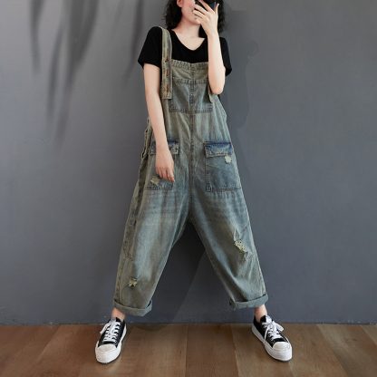 Women's Summer Retro Nostalgic Ripped Denim Overalls - Image 4