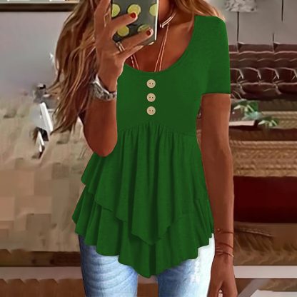 Women's Solid Color Button Front Tunic Top Casual Loose Fit Crew Neck Summer Blouse T-Shirt - Image 2