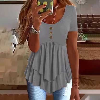 Women's Solid Color Button Front Tunic Top Casual Loose Fit Crew Neck Summer Blouse T-Shirt - Image 8
