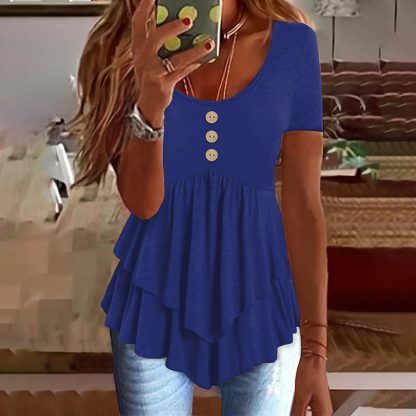 Women's Solid Color Button Front Tunic Top Casual Loose Fit Crew Neck Summer Blouse T-Shirt - Image 4
