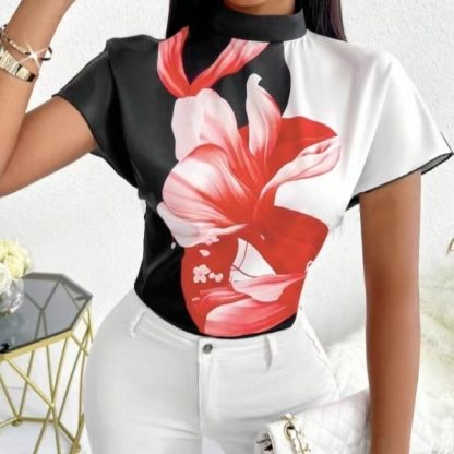 Women's New Small Stand Up Collar Loose Fit Comfortable And Elegant Temperament Floral Print Top - Image 2