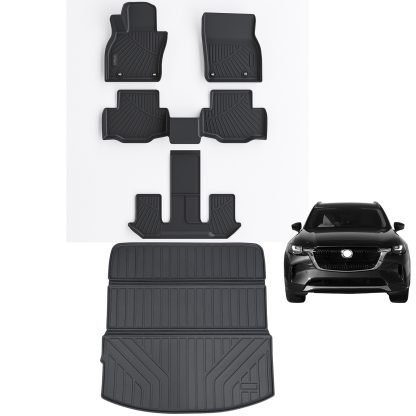 Floor Mats & Large Cargo Liners Compatible For 2024 Mazda Cx-90 TPE All Weather 3 Row Floor Liners And Trunk Mat Mats Accessories-Black.-Only Fit 6 & 7 & 8 Seats