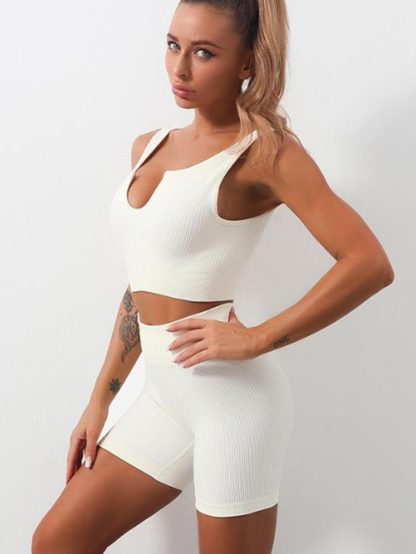Workout Sets For Women 2 Piece Seamless Ribbed Crop Tank High Waist Shorts Yoga Outfits - Image 10