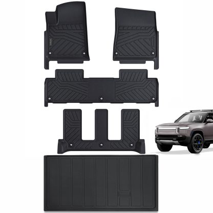 Floor Mats & Cargo Liners Compatible For 2022 2023 2024 Rivian R1S All Weather 3 Row Floor Liners And Trunk Mat Mats Accessories-Black