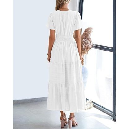 Women's Summer Short Sleeve V Neck Swing Dress Flowy Pleated Tiered Maxi Beach Sundress With Pockets - Image 2
