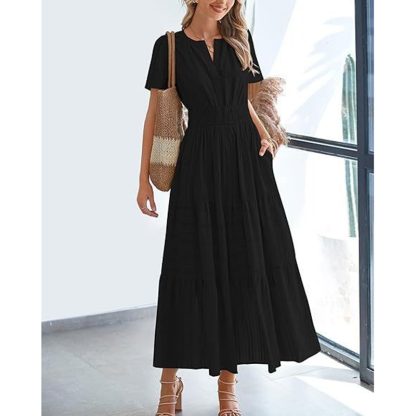 Women's Summer Short Sleeve V Neck Swing Dress Flowy Pleated Tiered Maxi Beach Sundress With Pockets - Image 4