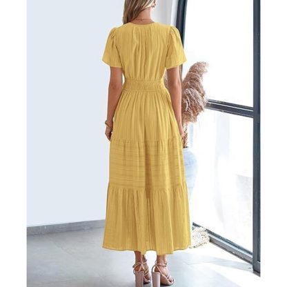Women's Summer Short Sleeve V Neck Swing Dress Flowy Pleated Tiered Maxi Beach Sundress With Pockets - Image 5