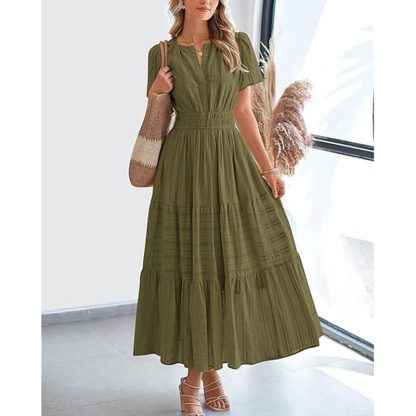 Women's Summer Short Sleeve V Neck Swing Dress Flowy Pleated Tiered Maxi Beach Sundress With Pockets - Image 6