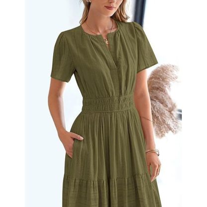 Women's Summer Short Sleeve V Neck Swing Dress Flowy Pleated Tiered Maxi Beach Sundress With Pockets - Image 3