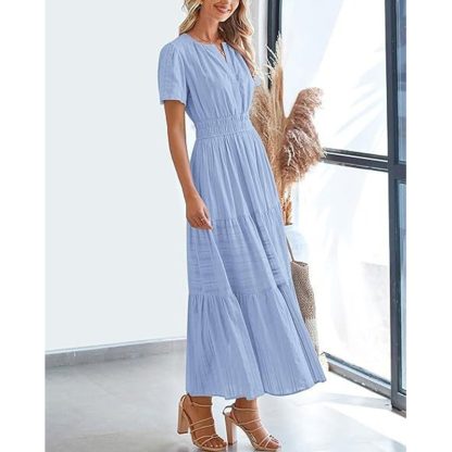 Women's Summer Short Sleeve V Neck Swing Dress Flowy Pleated Tiered Maxi Beach Sundress With Pockets - Image 10