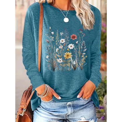 2 Pack Flowers Graphic Long Sleeve Tees Shirts For Women Casual Loose Fitted Tshirts Boho Wildflower Trendy Tops - Image 2