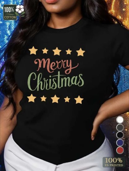Merry Christmas Women's T-Shirt - Loose Fit, Geometric Pattern, Casual Style, Machine Washable, Font