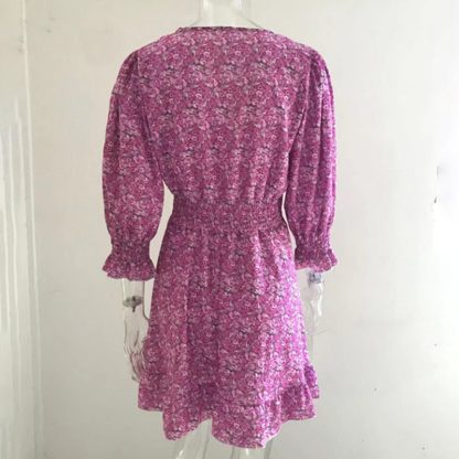 Womens Boho Floral Deep V Neck Smocked Elastic Waist Casual A-Line Swing Mini Dress Sundress - Image 3