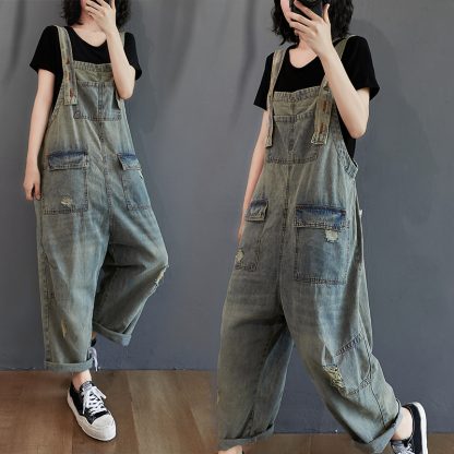 Women's Summer Retro Nostalgic Ripped Denim Overalls - Image 5