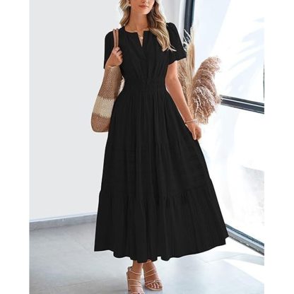 Women's Summer Short Sleeve V Neck Swing Dress Flowy Pleated Tiered Maxi Beach Sundress With Pockets - Image 7