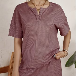 Women's Solid Color V-neck Waffle Fabric Loose Fitting Pullover Top And Waist Drawstring Home Casual Style Shorts Set
