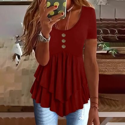 Women's Solid Color Button Front Tunic Top Casual Loose Fit Crew Neck Summer Blouse T-Shirt - Image 7