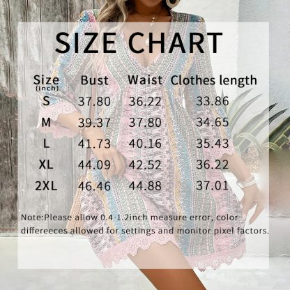Women's Boho Print Mini Dress V-Neck 3 4 Sleeve Flowy Casual Summer Beach Sundress - Image 5
