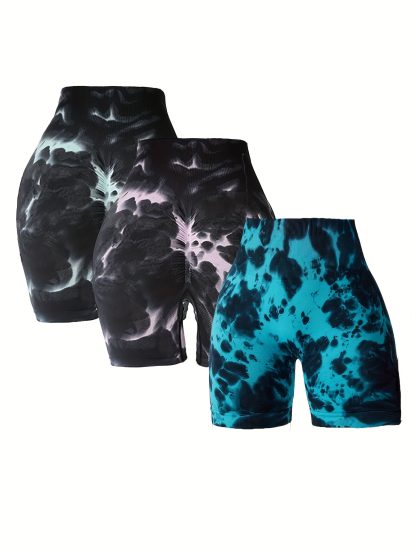 3 Pack Tie-dye High-waisted Butt-lifting Women's Sports Yoga Shorts, Women's Butt Lifting Shorts High Waist Tummy Control Yoga Shorts Seamless Ruched Booty Workout Short Leggings - Image 8