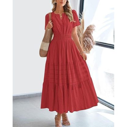 Women's Summer Short Sleeve V Neck Swing Dress Flowy Pleated Tiered Maxi Beach Sundress With Pockets - Image 8