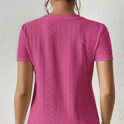 Women's Solid Color Mesh Embroidery Versatile Casual Style Loose Fit Round Neck T-shirt Top - Image 2