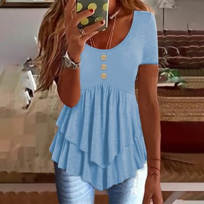 Women's Solid Color Button Front Tunic Top Casual Loose Fit Crew Neck Summer Blouse T-Shirt - Image 6