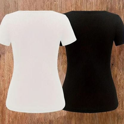 2 Pack Women's Zipper V Neck Short Sleeve Tunic Tops Loose Fit Summer T Shirts Blouse - Image 5