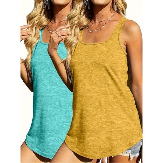2 Pack Womens Plus Size Tank Tops Summer Basic T-Shirts Square Neck Loose Fit Cami Shirts Sleeveless Outfits