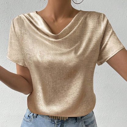 Women's Cowl Neck Short Sleeve Top, Solid Color Loose Fit Summer Office Casual Shirt - Image 3