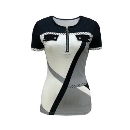 Women's Color Block Zipper T-Shirt, Casual Short Sleeve Summer Top - Image 2
