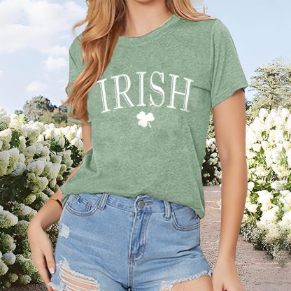 Women's Clover Print T-Shirt Breathable Summer Tee With Letter Design Casual Loose Fit Short Sleeve Top