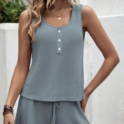 Women's Solid Color Set Knitted With Two-piece Vest Top And Drawstring Shorts Set - Image 3