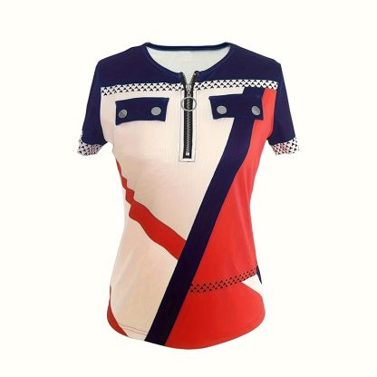 Women's Color Block Zipper T-Shirt, Casual Short Sleeve Summer Top - Image 9
