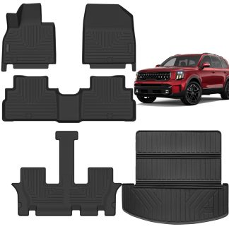 Floor Mats & Large Cargo Liners Compatible For 2020 2021 2022 2023 2024 2025 Kia Telluride 7-Seat 3 Row Floor Liners And Trunk Mat Rubber Mats Accessories-Black