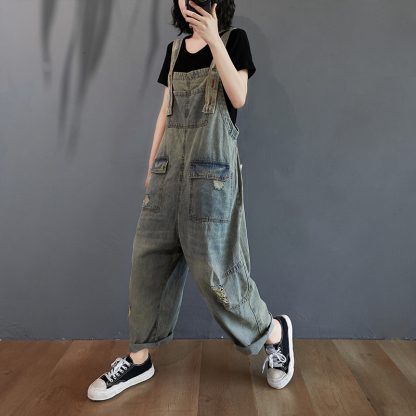 Women's Summer Retro Nostalgic Ripped Denim Overalls - Image 2