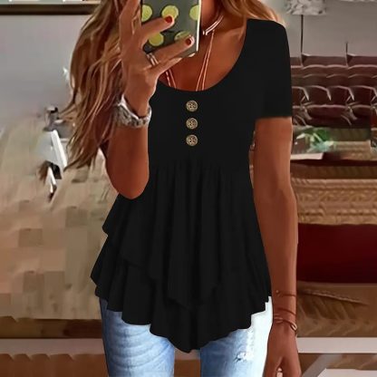 Women's Solid Color Button Front Tunic Top Casual Loose Fit Crew Neck Summer Blouse T-Shirt - Image 9
