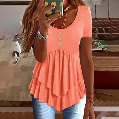 Women's Solid Color Button Front Tunic Top Casual Loose Fit Crew Neck Summer Blouse T-Shirt - Image 5