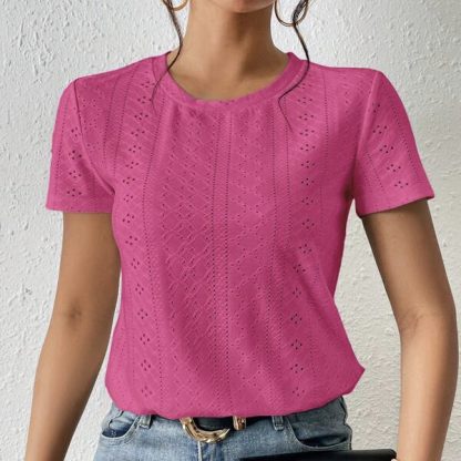 Women's Solid Color Mesh Embroidery Versatile Casual Style Loose Fit Round Neck T-shirt Top - Image 4