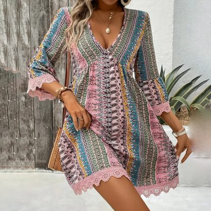 Women's Boho Print Mini Dress V-Neck 3 4 Sleeve Flowy Casual Summer Beach Sundress - Image 6
