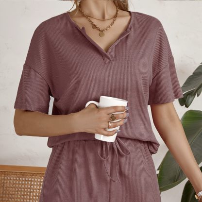 Women's Solid Color V-neck Waffle Fabric Loose Fitting Pullover Top And Waist Drawstring Home Casual Style Shorts Set - Image 2