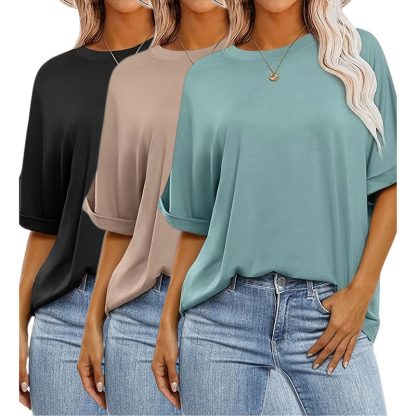 3 Pcs Women Oversized T-Shirt Short Sleeve Crew Neck Tee Tops Summer Casual Loose Tee T-Shirt - Image 7
