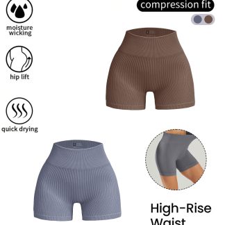 2 Pack Women's High Waisted Ribbed Solid Color Seamless Biker Shorts Anti Chafing Slip Shorts Shorts Underwear Yoga Workout Shorts