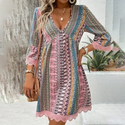 Women's Boho Print Mini Dress V-Neck 3 4 Sleeve Flowy Casual Summer Beach Sundress - Image 10