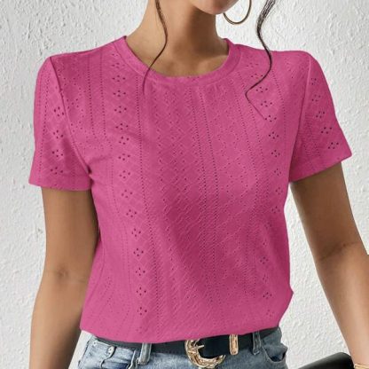 Women's Solid Color Mesh Embroidery Versatile Casual Style Loose Fit Round Neck T-shirt Top - Image 3