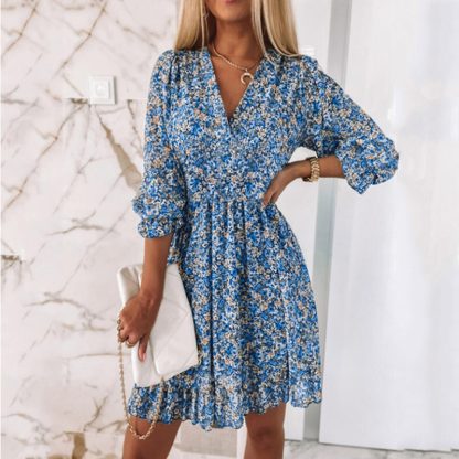 Womens Boho Floral Deep V Neck Smocked Elastic Waist Casual A-Line Swing Mini Dress Sundress - Image 7