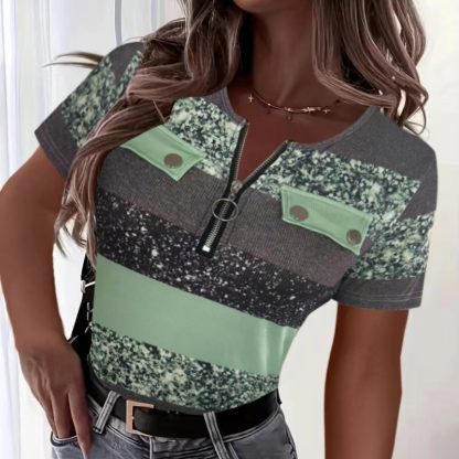 Women's Color Block Zipper T-Shirt, Casual Short Sleeve Summer Top - Image 7