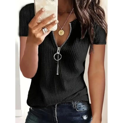 2 Pack Women's Zipper V Neck Short Sleeve Tunic Tops Loose Fit Summer T Shirts Blouse - Image 4
