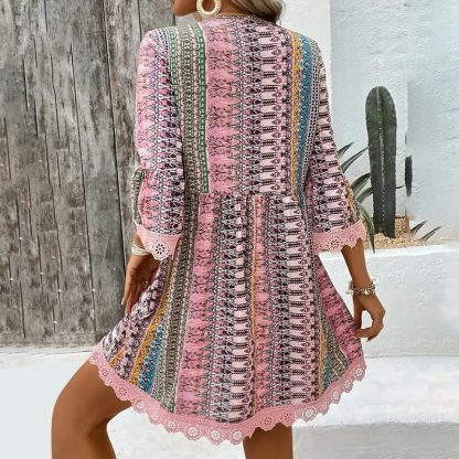 Women's Boho Print Mini Dress V-Neck 3 4 Sleeve Flowy Casual Summer Beach Sundress - Image 2