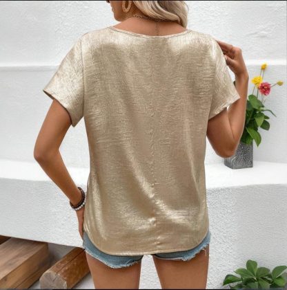 Women's Cowl Neck Short Sleeve Top, Solid Color Loose Fit Summer Office Casual Shirt - Image 7